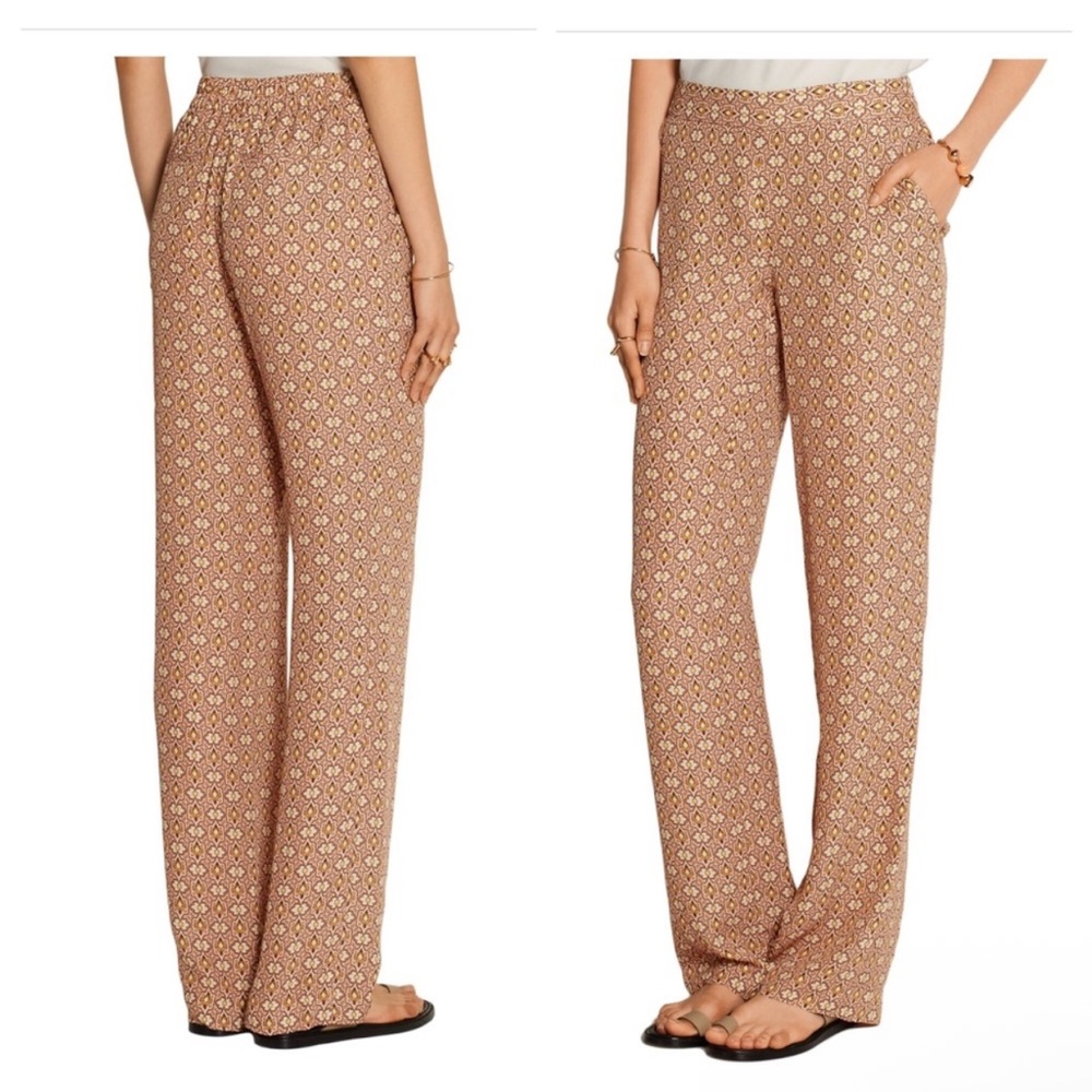 NWOT 100% Silk Theory Pants Trousers Wide Leg Salmon Chartreuse Batik Boho S